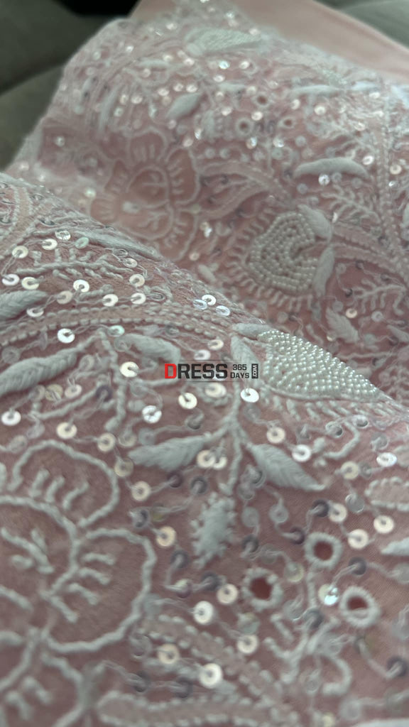 Oyster Pink Fine Chikankari Pearl Kurta Dupatta Set Suits