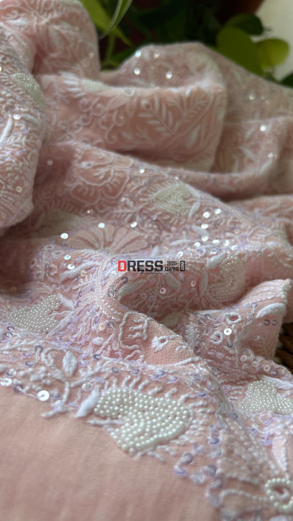 Oyster Pink Fine Chikankari Pearl Kurta Dupatta Set Suits