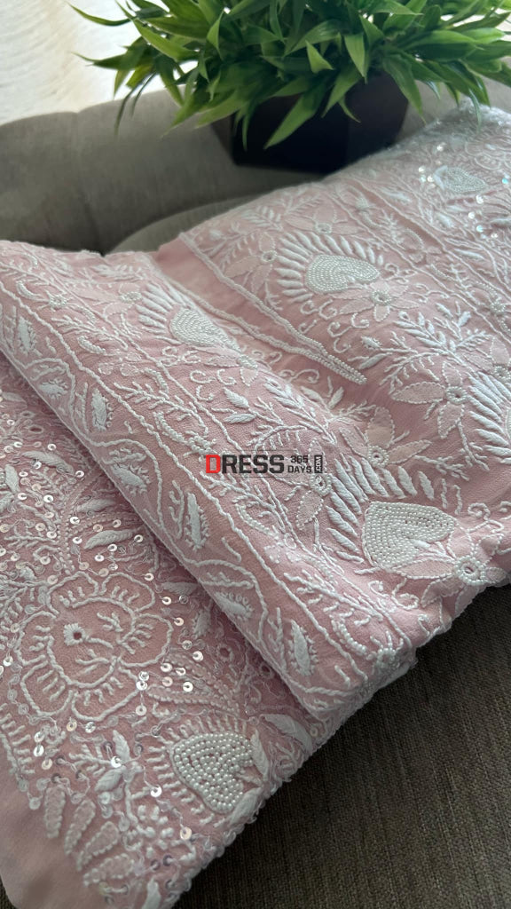 Oyster Pink Fine Chikankari Pearl Kurta Dupatta Set Suits