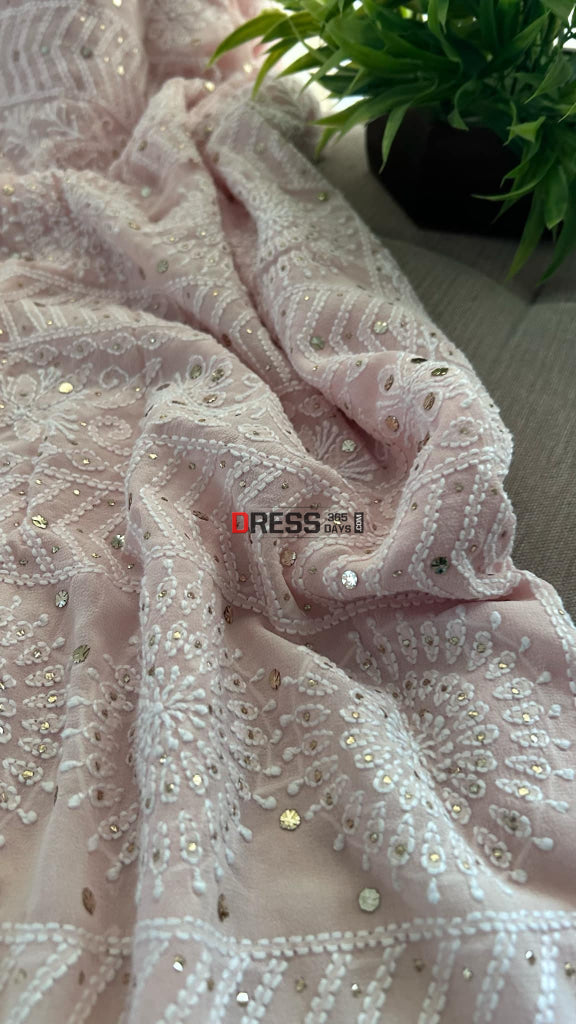 Oyster Pink Lucknowi Chikankari Mukaish Saree