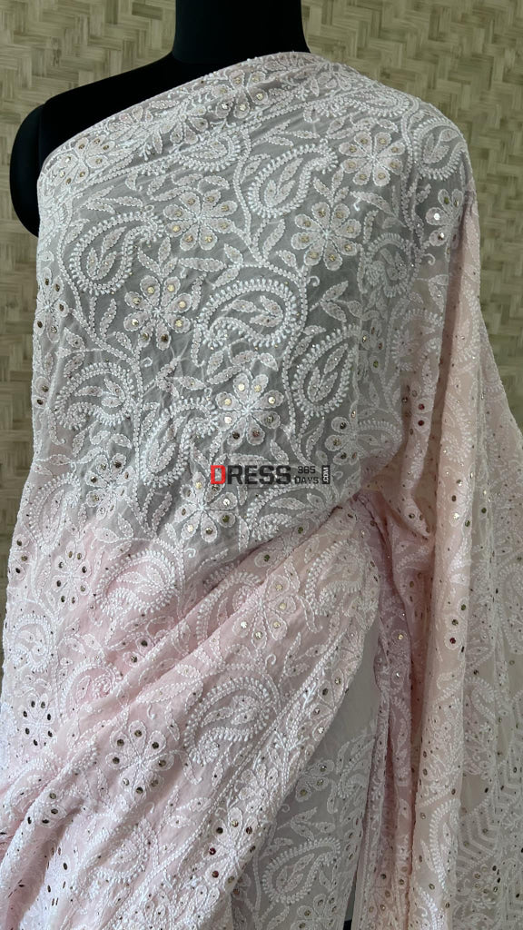 Oyster Pink Lucknowi Chikankari Mukaish Saree