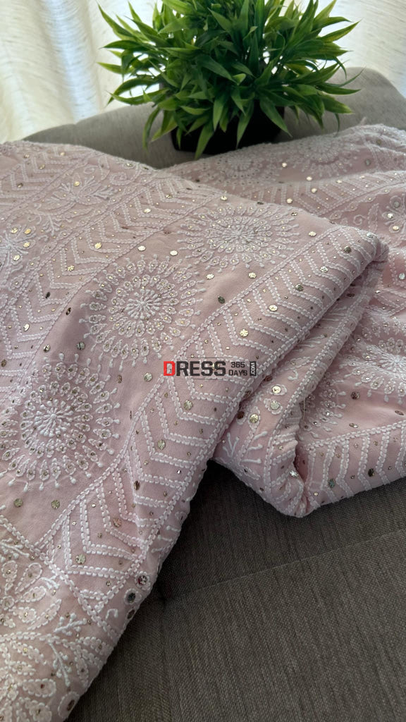 Oyster Pink Lucknowi Chikankari Mukaish Saree