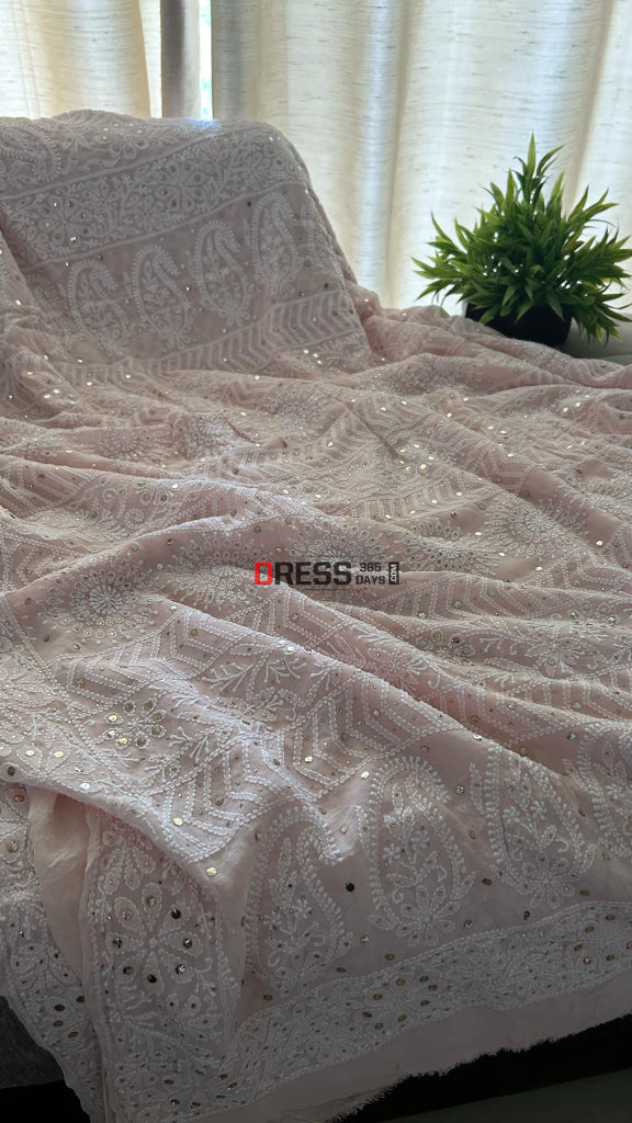 Oyster Pink Lucknowi Chikankari Mukaish Saree