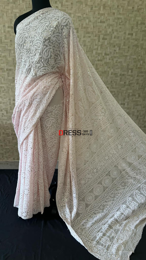 Oyster Pink Lucknowi Chikankari Mukaish Saree