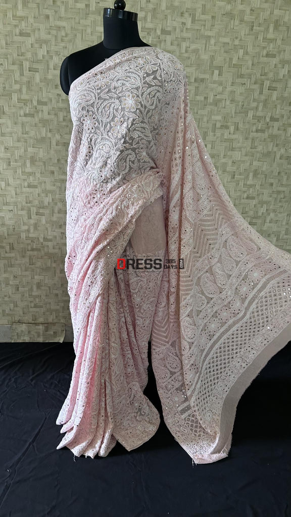 Pastel Pink Chikankari Mukaish Saree