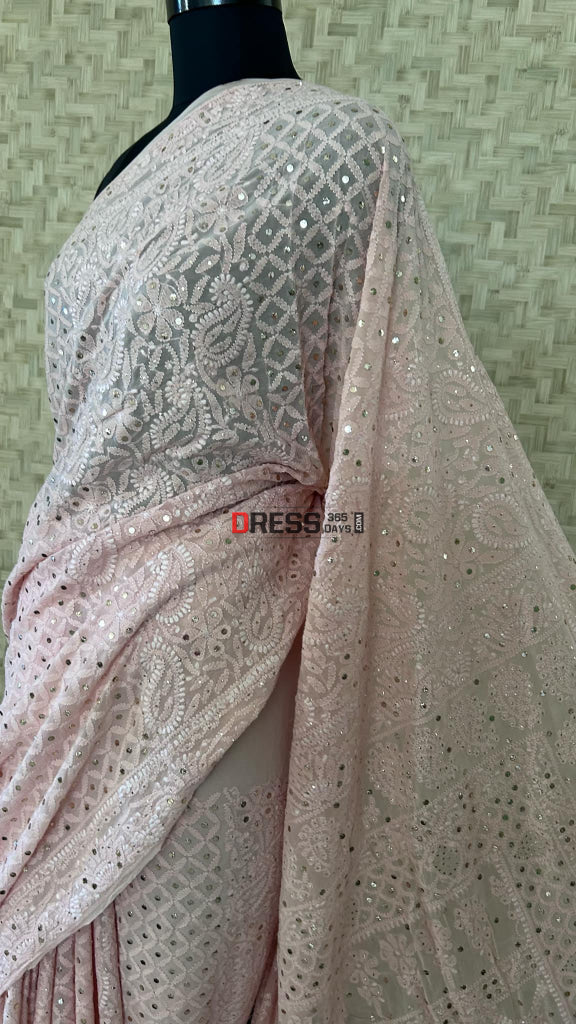 Pastel Pink Chikankari Mukaish Saree