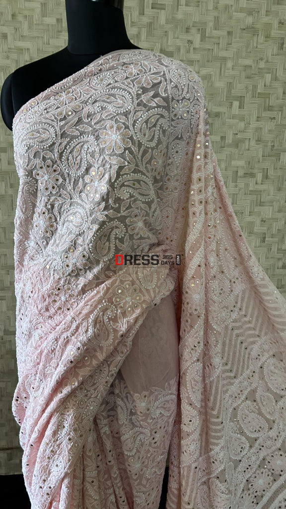 Pastel Pink Chikankari Mukaish Saree