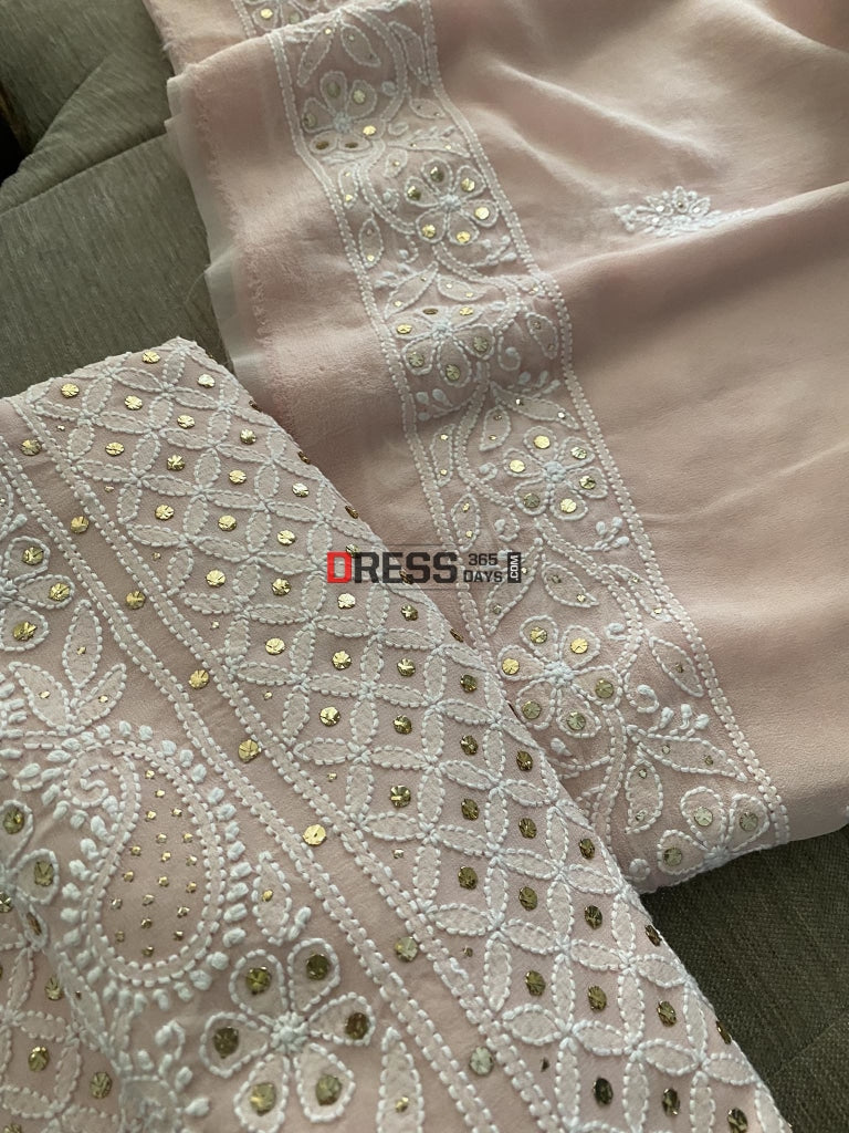 Pastel Pink Lucknowi Mukaish Suit Chikankari Suits