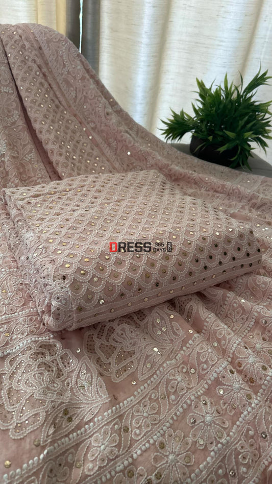 Pastel Pink Mukaish Chikankari Lehenga Set