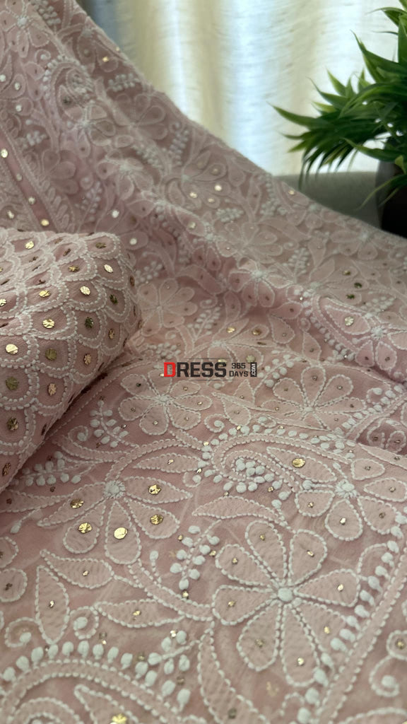 Pastel Pink Mukaish Chikankari Lehenga Set