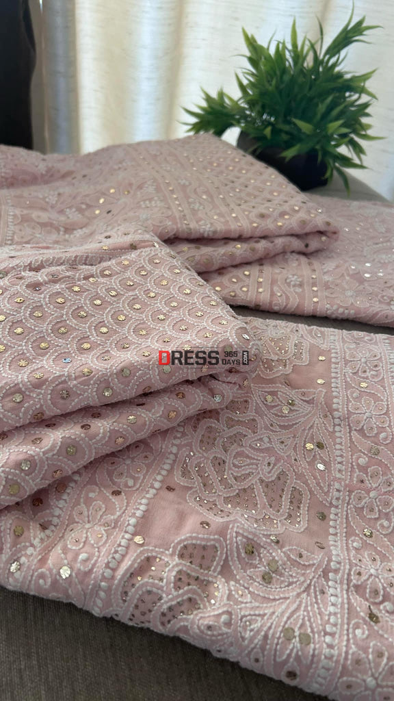 Pastel Pink Mukaish Chikankari Lehenga Set