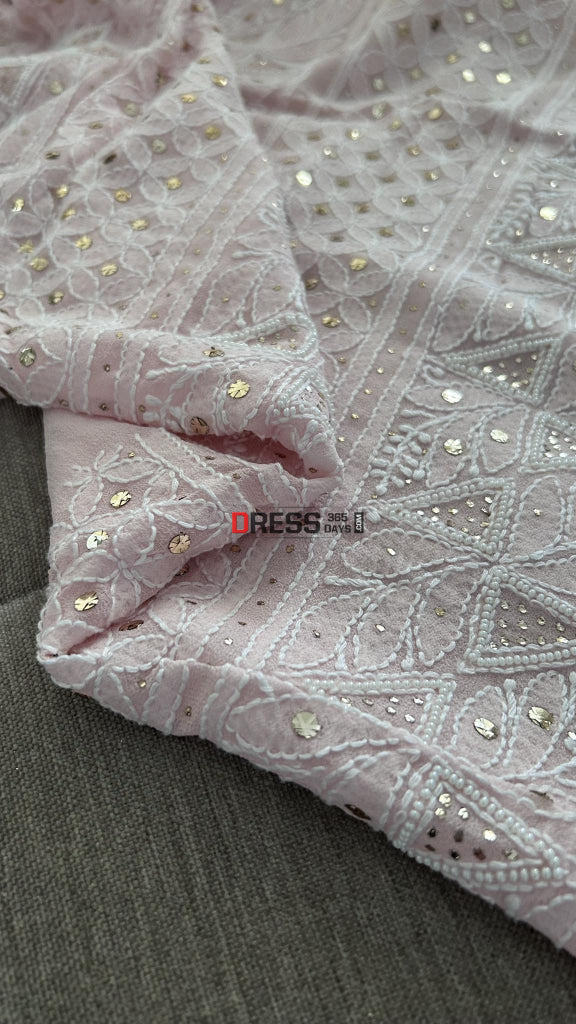 Pastel Pink Mukaish & Pearl Chikankari Suit Suits