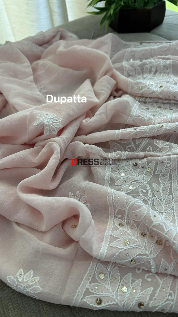 Pastel Pink Mukaish & Pearl Chikankari Suit Suits