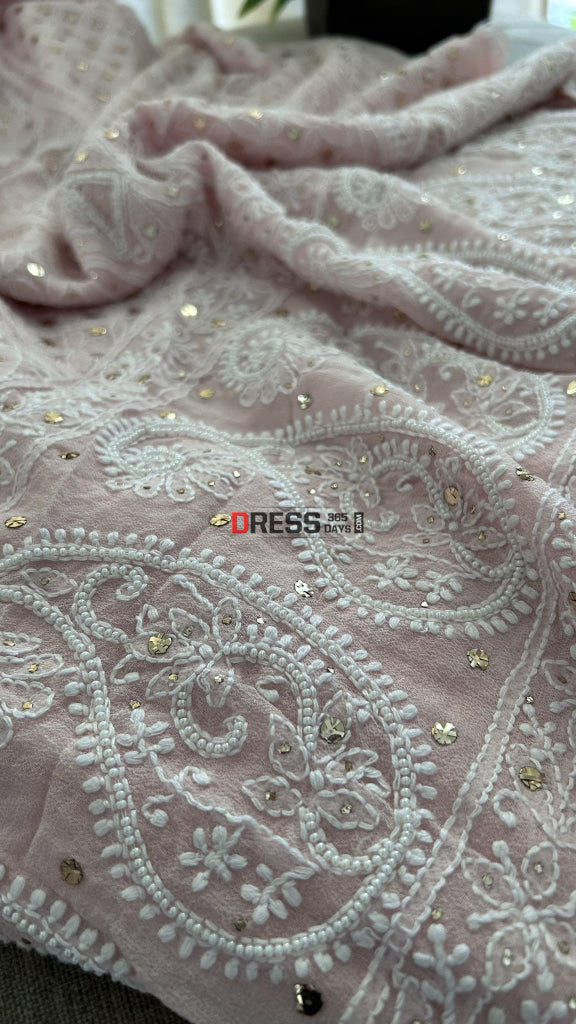 Pastel Pink Mukaish & Pearl Chikankari Suit Suits