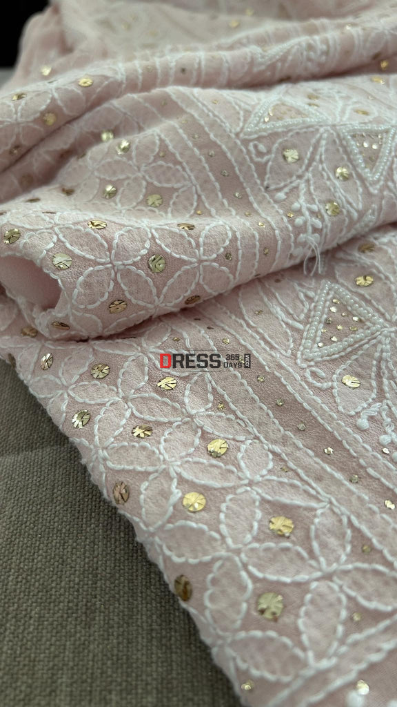 Pastel Pink Mukaish & Pearl Chikankari Suit Suits