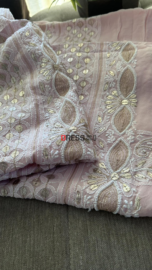 Pastel Pink Pearl & Gota Patti Chikankari Kurta Dupatta Set Suits