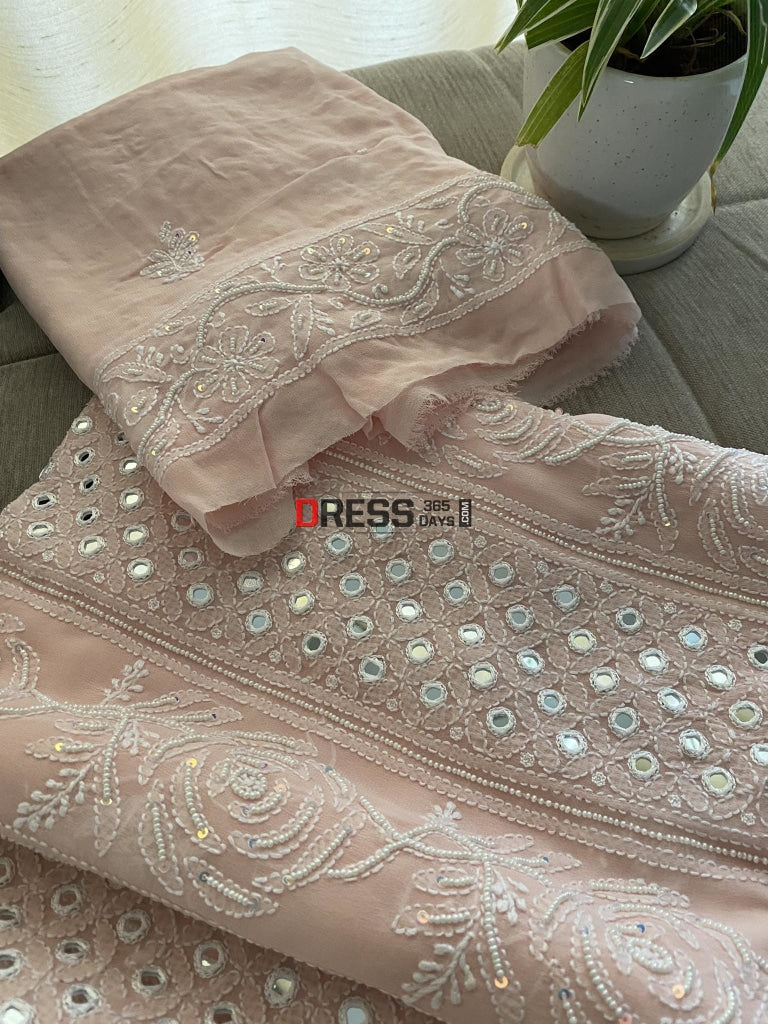 Pastel Pink Pearl & Mirror Lucknowi Chikankari Suit Suits