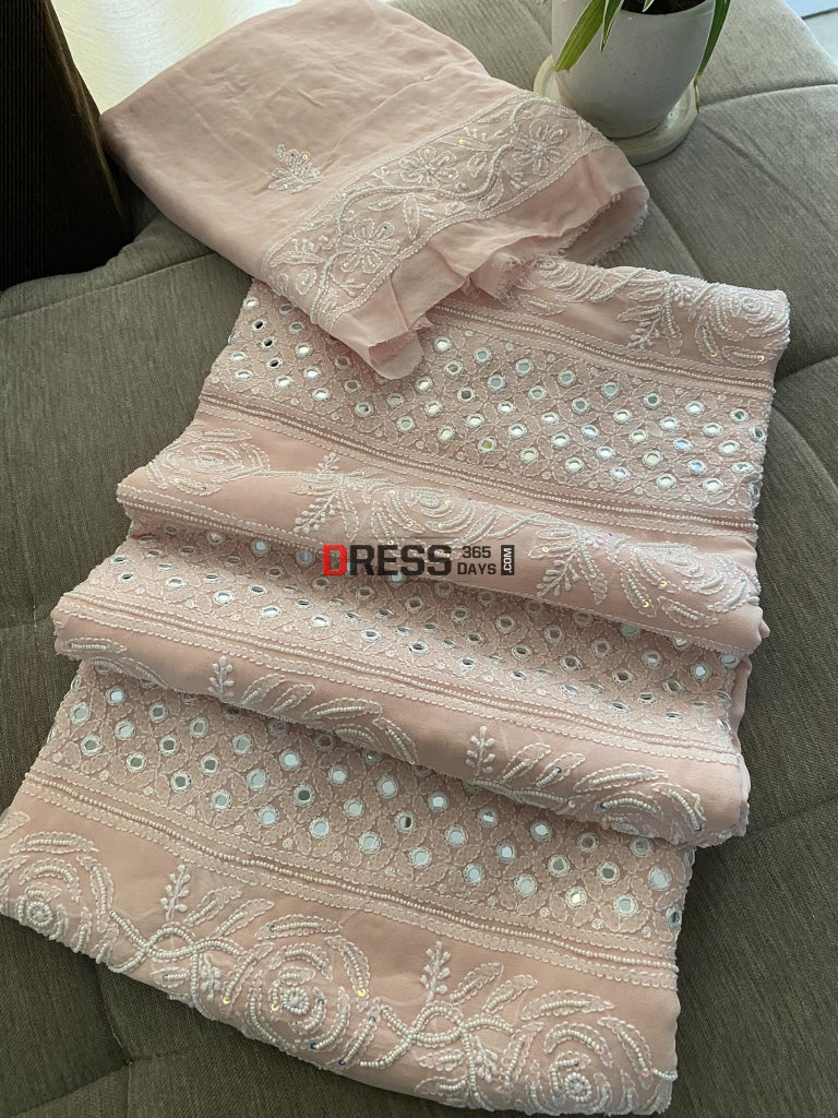 Pastel Pink Pearl & Mirror Lucknowi Chikankari Suit Suits