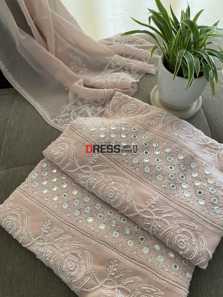 Pastel Pink Pearl & Mirror Lucknowi Chikankari Suit Suits