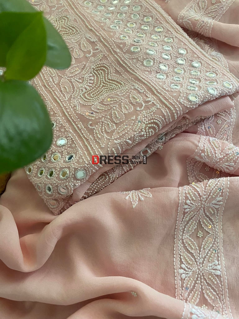 Pastel Pink Pearl & Mirror Lucknowi Suit Chikankari Suits