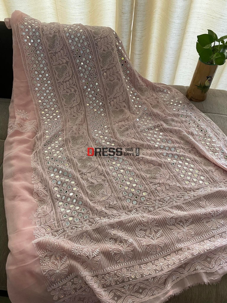 Pastel Pink Pearl & Mirror Lucknowi Suit Chikankari Suits