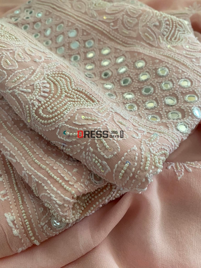 Pastel Pink Pearl & Mirror Lucknowi Suit Chikankari Suits