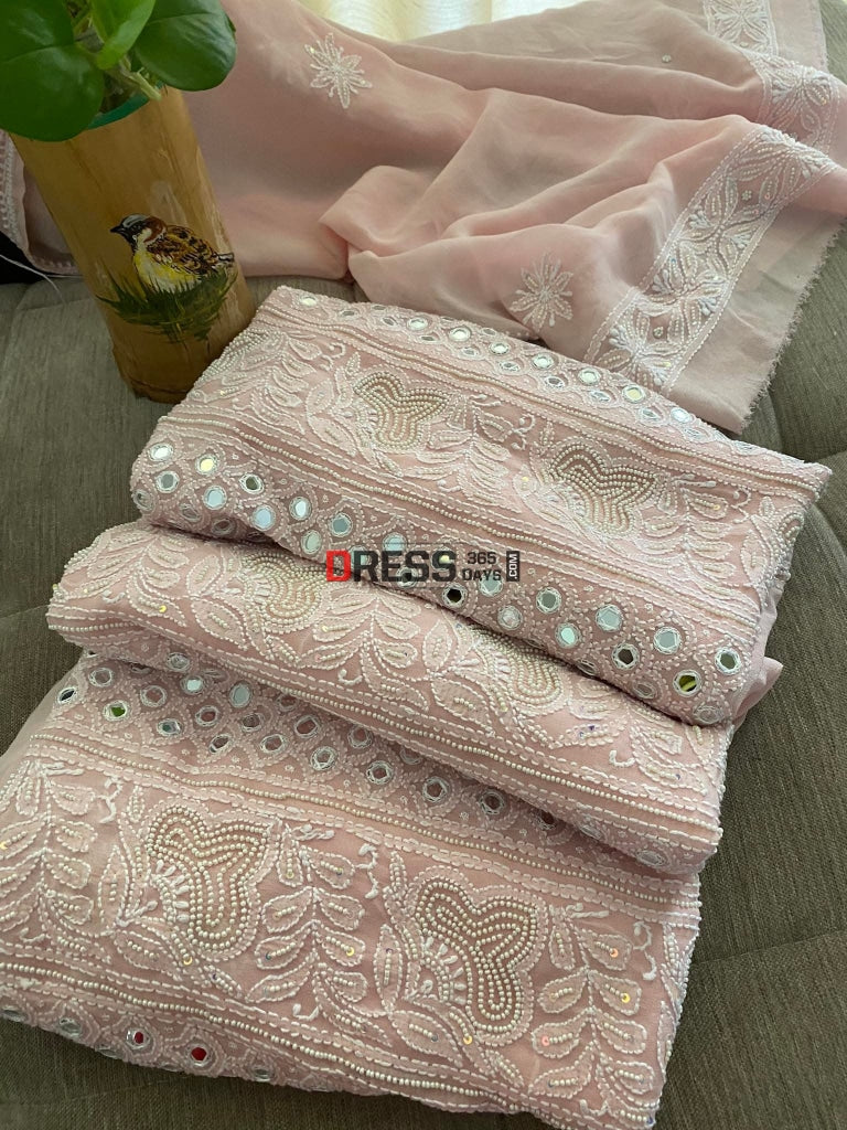 Pastel Pink Pearl & Mirror Lucknowi Suit Chikankari Suits