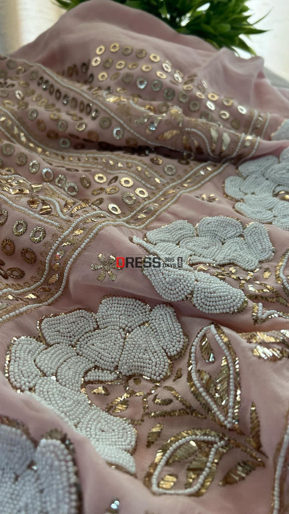 Pastel Pink Ring Mukaish & Pearl Suit (Kurta Dupatta) Chikankari Suits