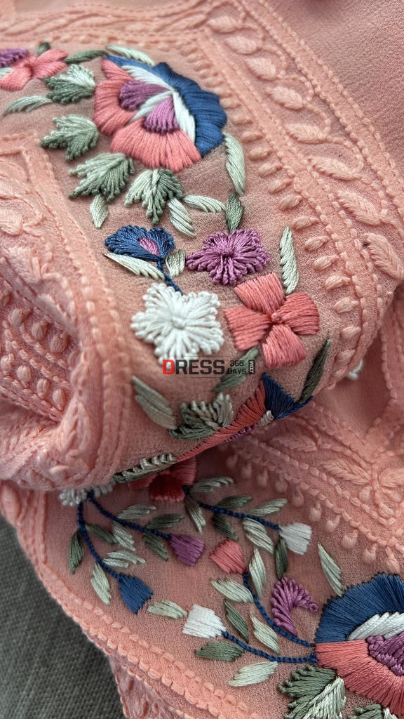 Peach Chikankari Parsi Gara Neckline Suit Suits