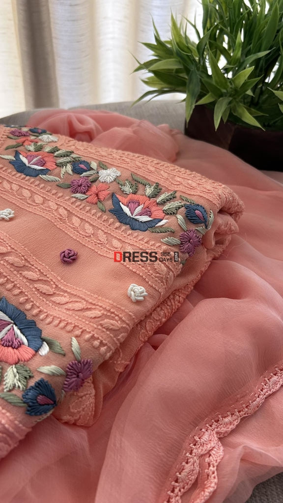 Peach Chikankari Parsi Gara Neckline Suit Suits