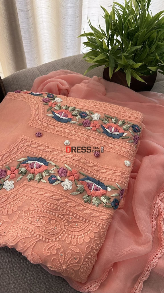 Peach Chikankari Parsi Gara Neckline Suit Suits