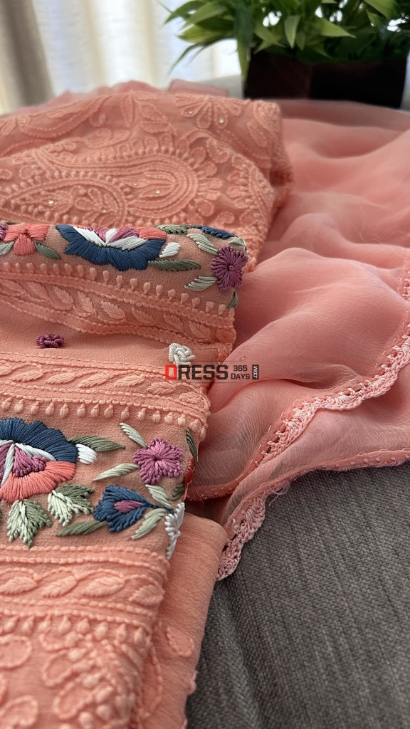 Peach Chikankari Parsi Gara Neckline Suit Suits