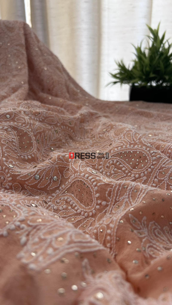 Peach Lucknowi Mukaish Pure Georgette Suit (Kurta & Dupatta) Chikankari Suits