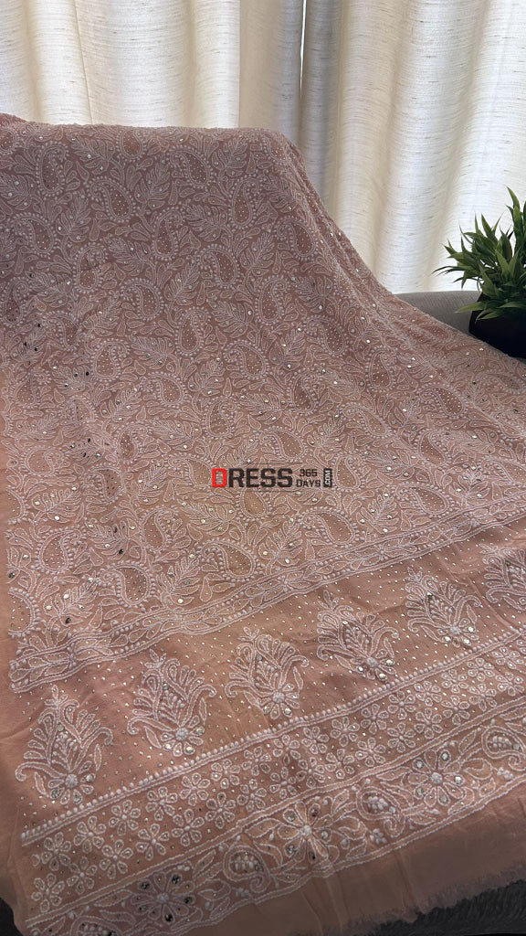 Peach Lucknowi Mukaish Pure Georgette Suit (Kurta & Dupatta) Chikankari Suits