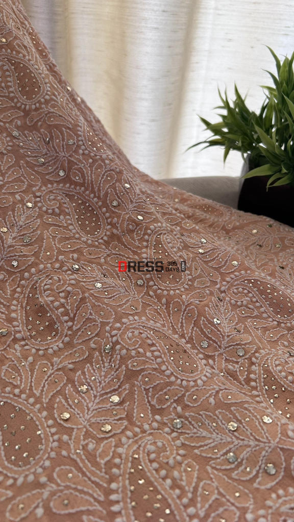 Peach Lucknowi Mukaish Pure Georgette Suit (Kurta & Dupatta) Chikankari Suits