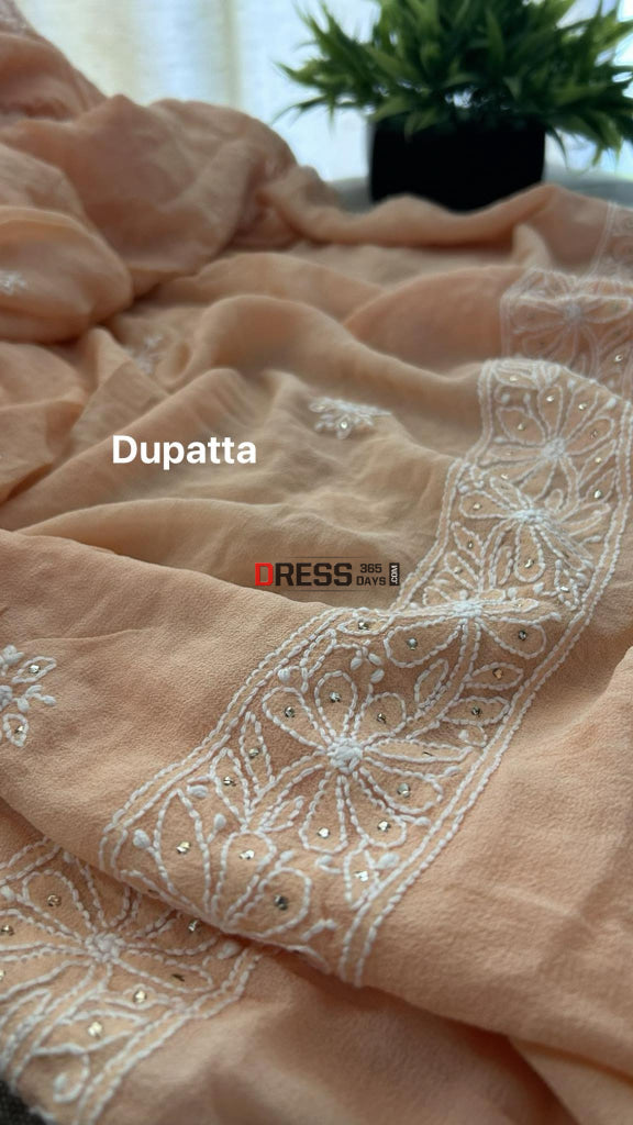 Peach Lucknowi Mukaish Pure Georgette Suit (Kurta & Dupatta) Chikankari Suits