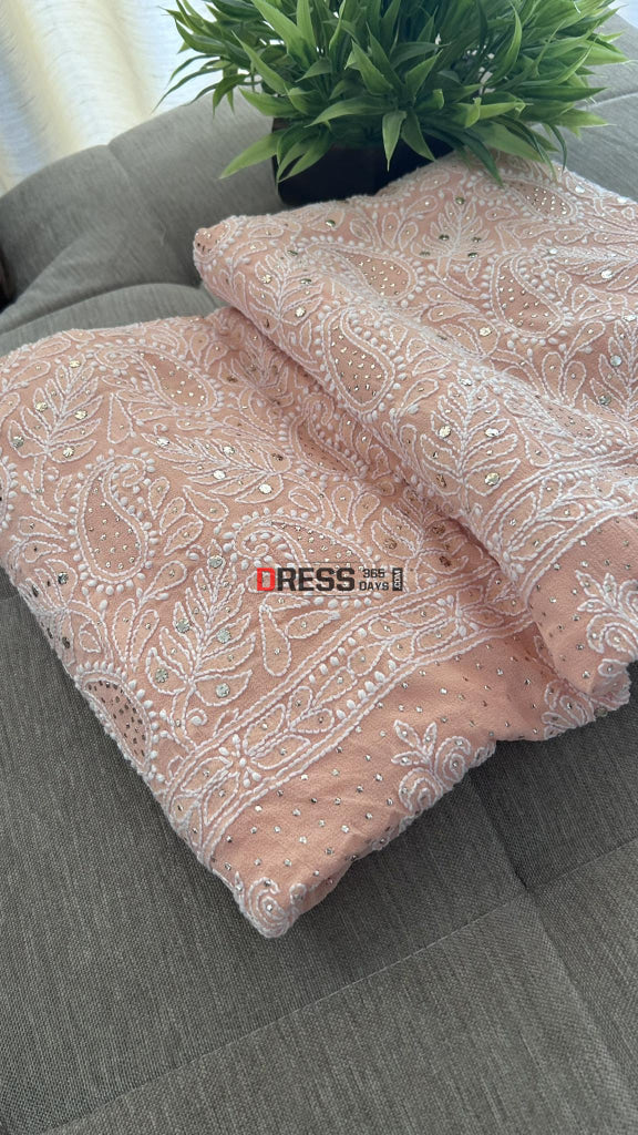 Peach Lucknowi Mukaish Pure Georgette Suit (Kurta & Dupatta) Chikankari Suits