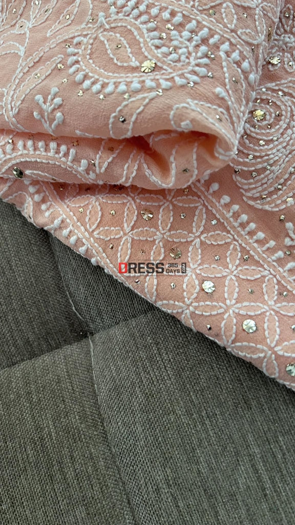 Peach Mukaish Chikankari Suit (Kurta Dupatta) Suits