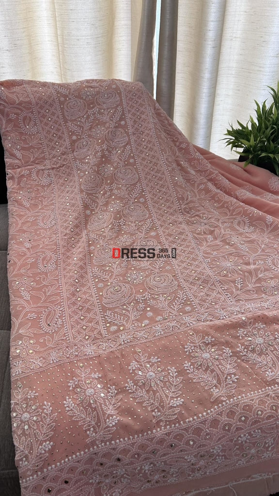 Peach Mukaish Chikankari Suit (Kurta Dupatta) Suits