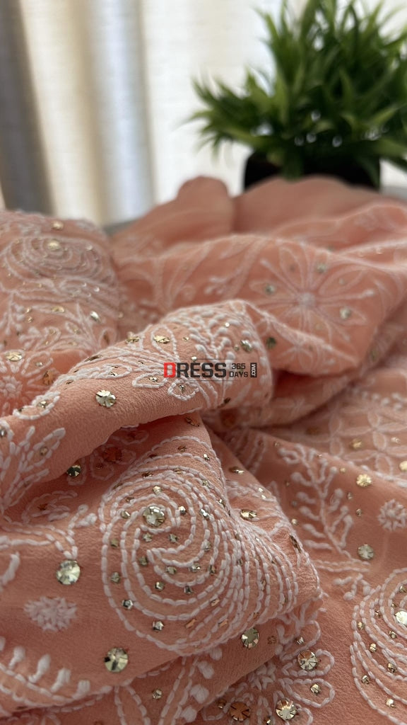 Peach Mukaish Chikankari Suit (Kurta Dupatta) Suits