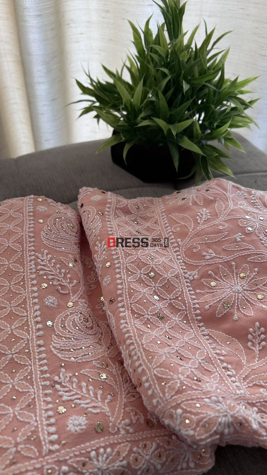 Peach Mukaish Chikankari Suit (Kurta Dupatta) Suits