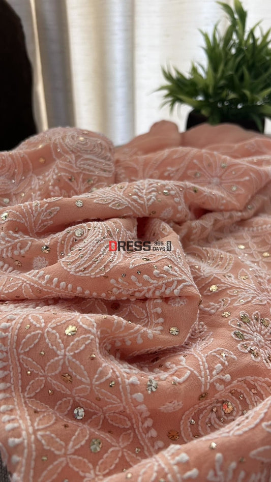 Peach Mukaish Chikankari Suit (Kurta Dupatta) Suits