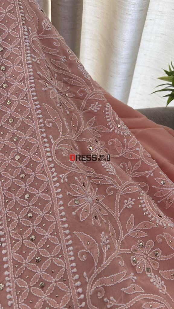 Peach Mukaish Chikankari Suit (Kurta Dupatta) Suits