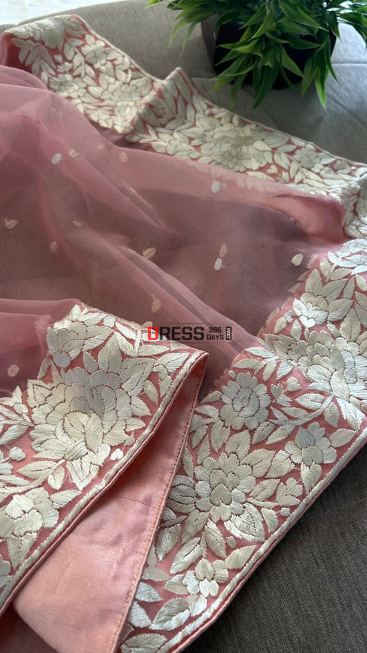 Peach Organza Parsi Gara Dupatta