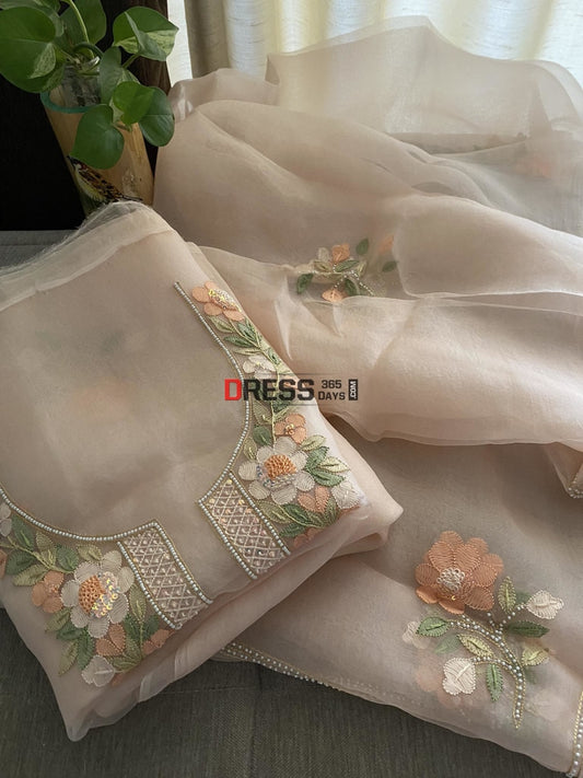 Peach Organza Pearls Multicolour Chikankari Suit Suits