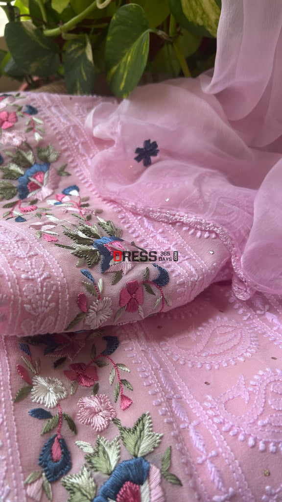 Pink Chikankari Parsi Gara Daman Suit Suits