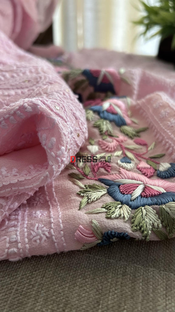 Pink Chikankari Parsi Gara Daman Suit Suits