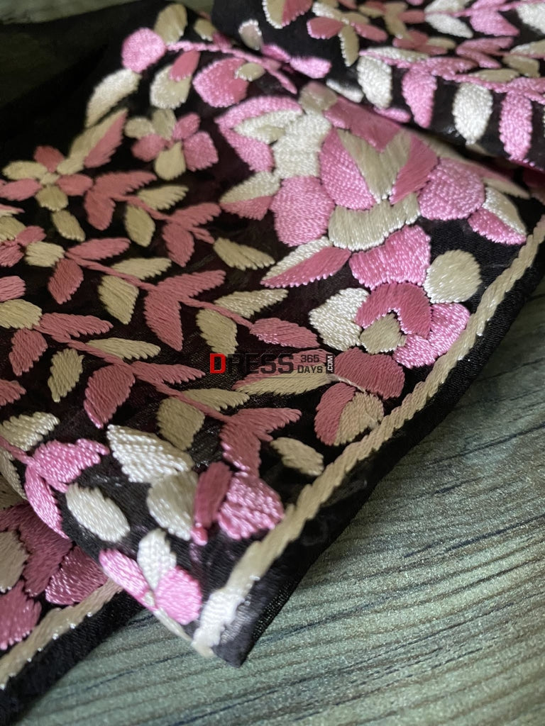 Pink & Ivory Parsi Gara Hand Embroidered Border