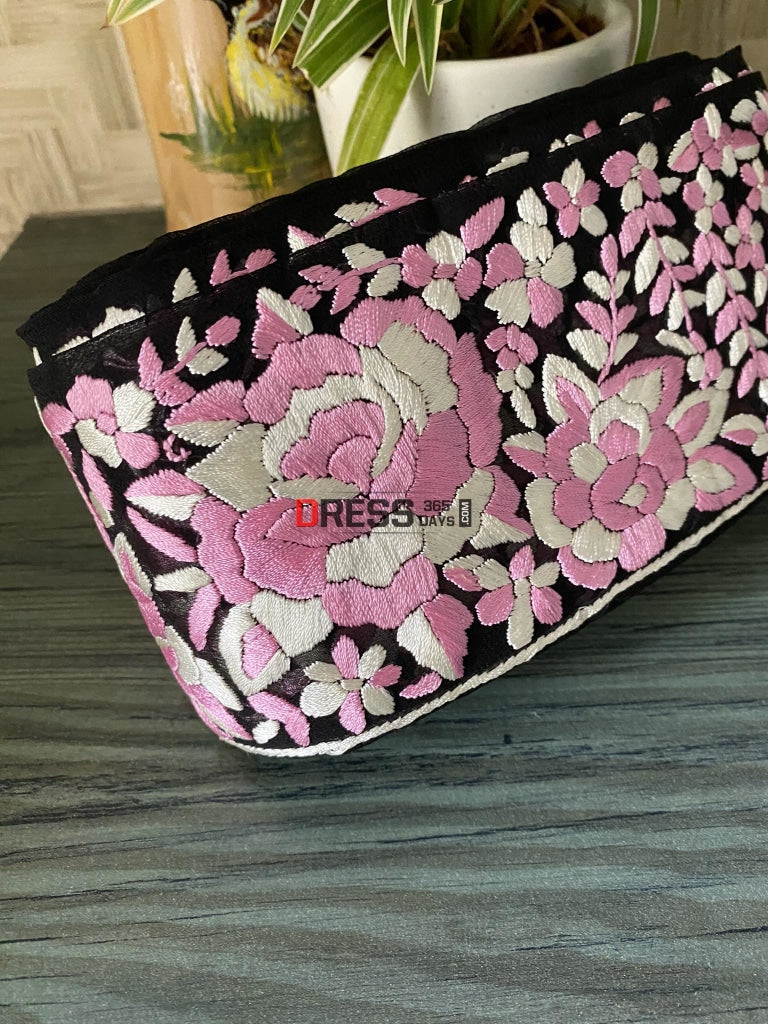 Pink & Ivory Parsi Gara Hand Embroidered Border