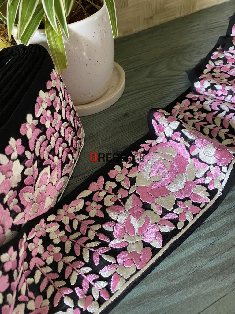 Pink & Ivory Parsi Gara Hand Embroidered Border